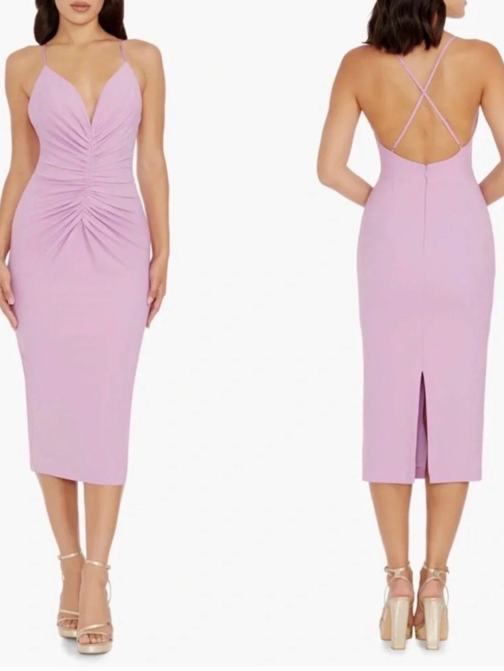 Dress the Population Lilac Ruched V-Neck Midi Dress